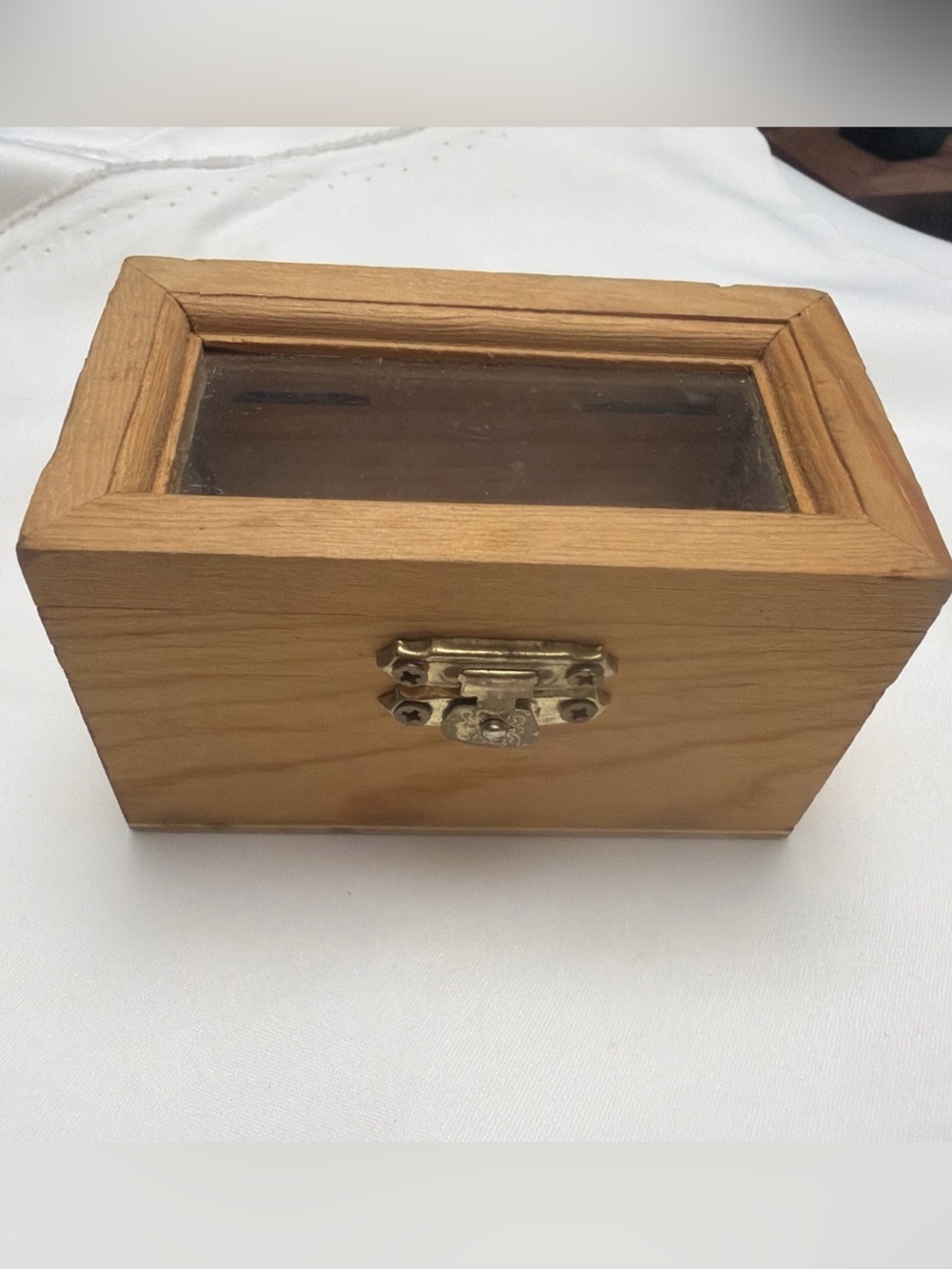 Small antique natural wood chest with a glass top for storing items (2 x 3.6 x 2